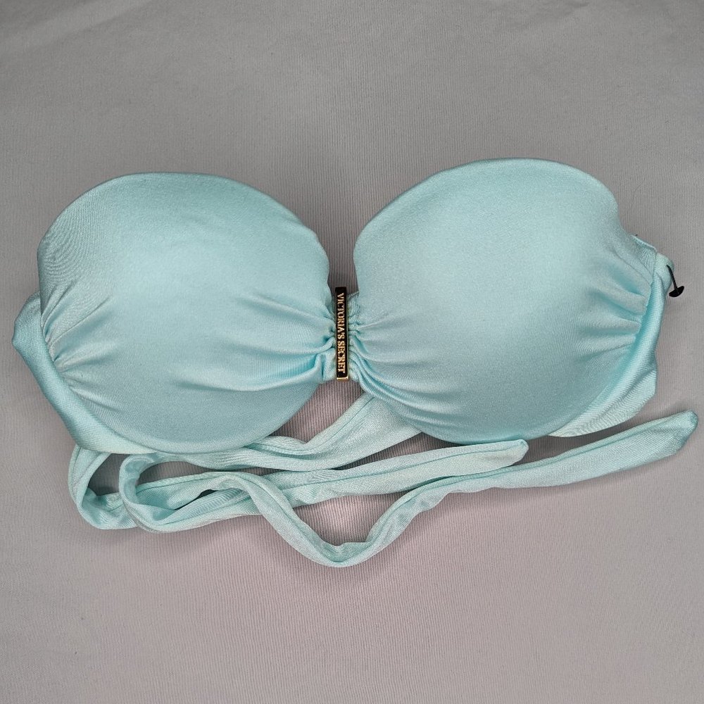 Light Sky Blue Teal Tie Back Strapless Sexy Bikini Swim Top Bandeau (32A) VS